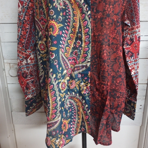 Intro Women's Large Floral Paisley Boho Print Point Collar Long Sleeve Tunic - Picture 3 of 12